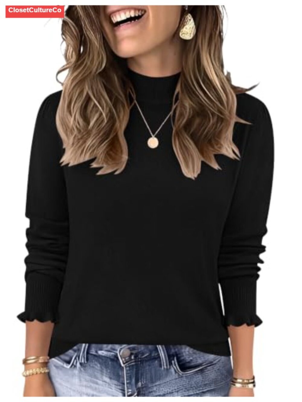 Wool Blend Mock Neck Pullover Sweater with Puff Sleeves